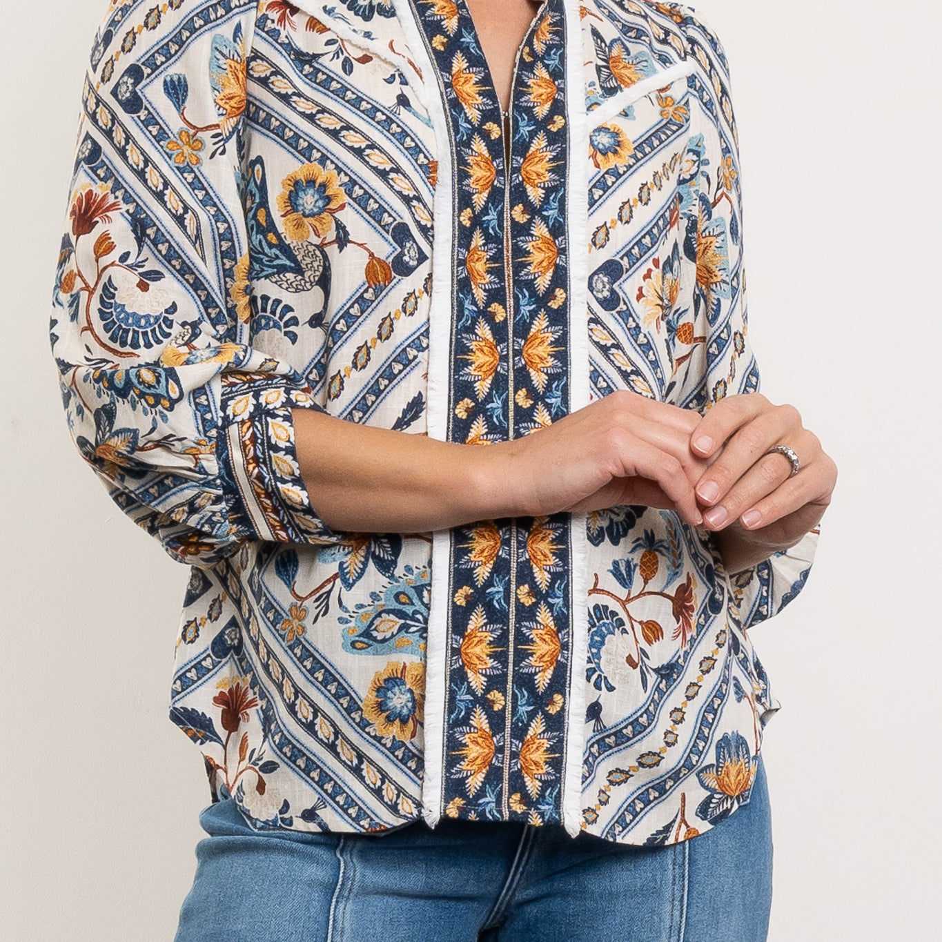 Once Was Alexis Contrast Trim Fringe Shirt