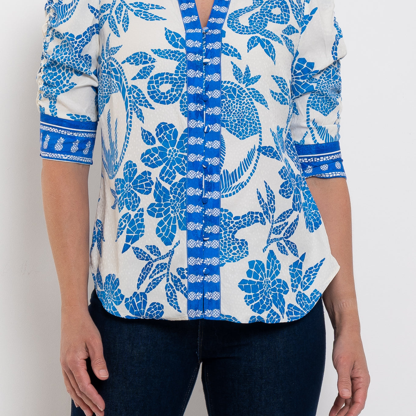 Once Was Calantha Rouched Sleeve Azure Mosaic Shirt