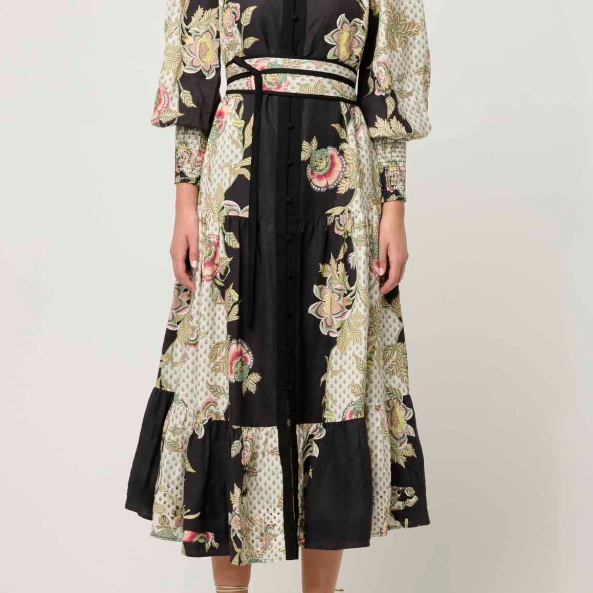 Once Was Espada Contrast Trim Linen Maxi Dress