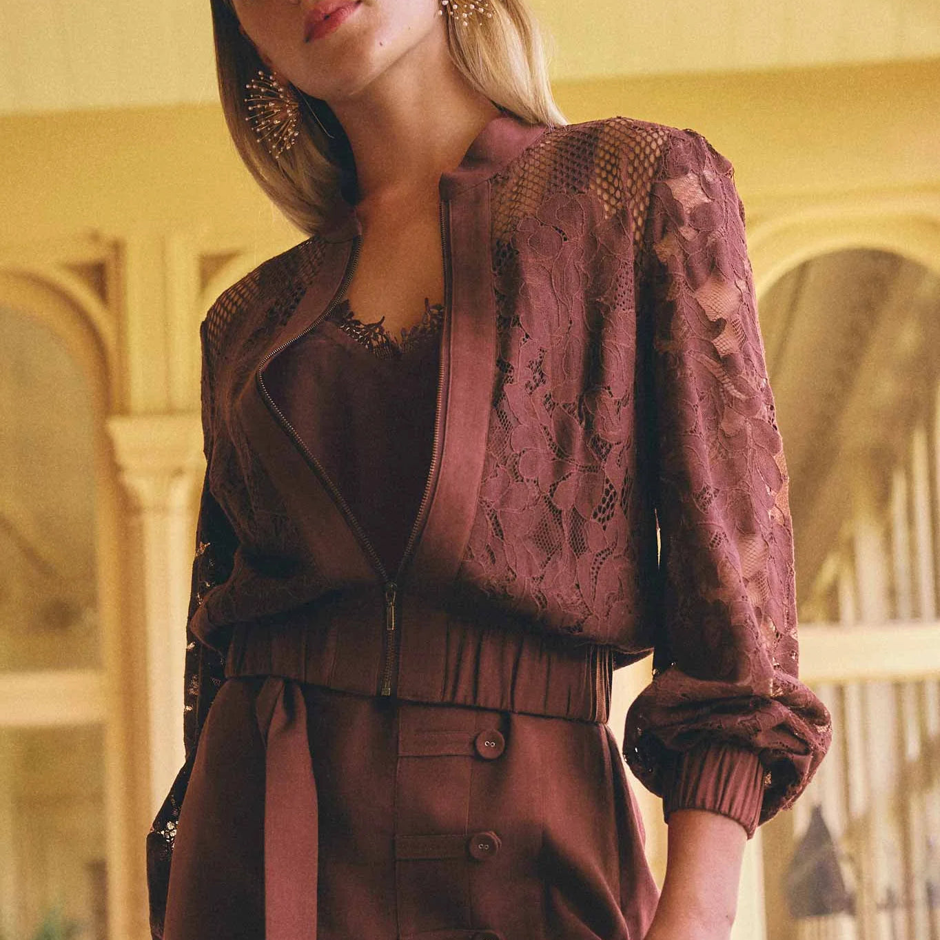 Once Was Solene Cotton Blend Lace Bomber