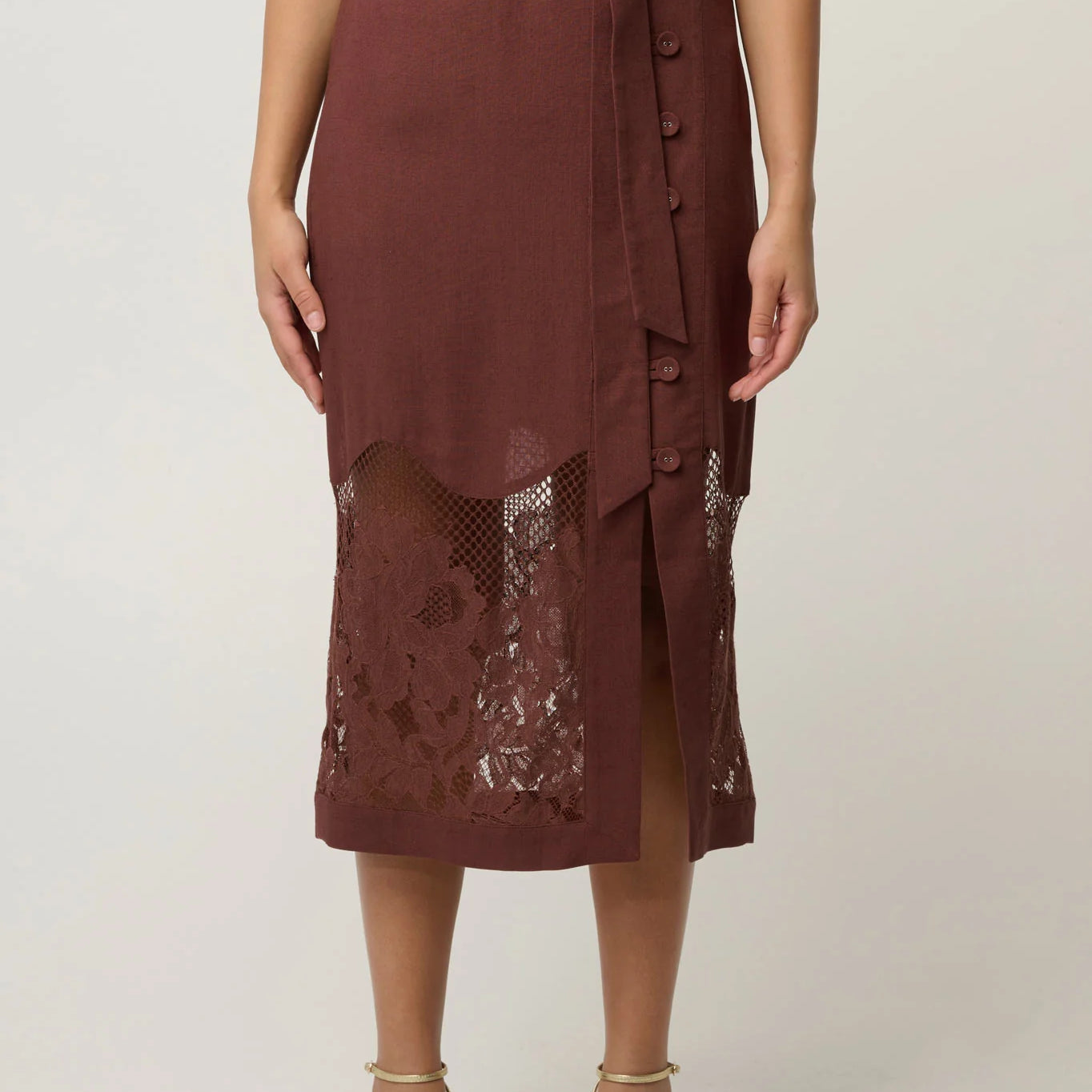 Once Was Solene Linen Viscose Lace Midi Skirt
