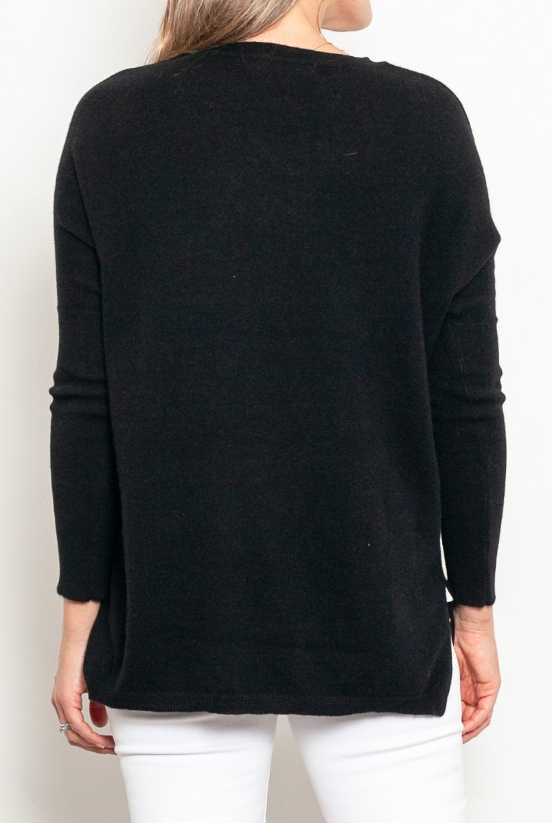 Mia Fratino Cashmere Essentials V Neck Boyfriend Sweater - Impulse Boutique#colour_jet-black