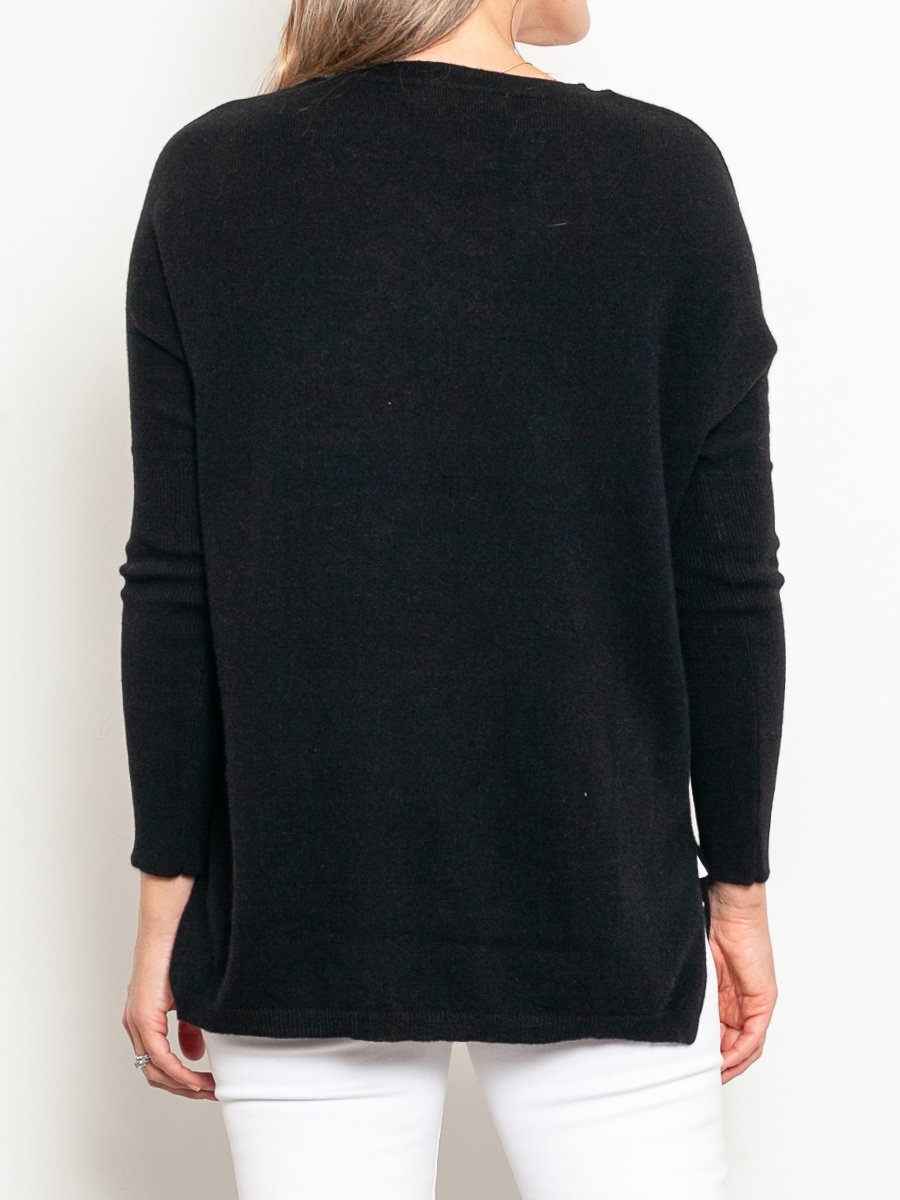 Mia Fratino Cashmere Essentials V Neck Boyfriend Sweater - Impulse Boutique#colour_jet-black