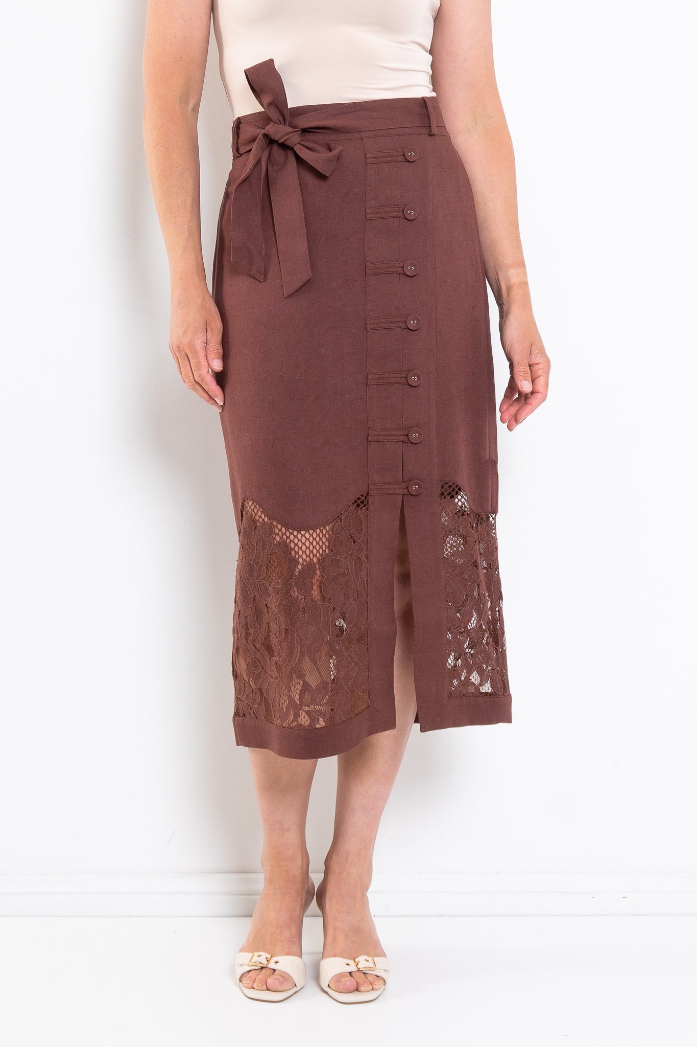 Once Was Solene Linen Viscose Lace Midi Skirt