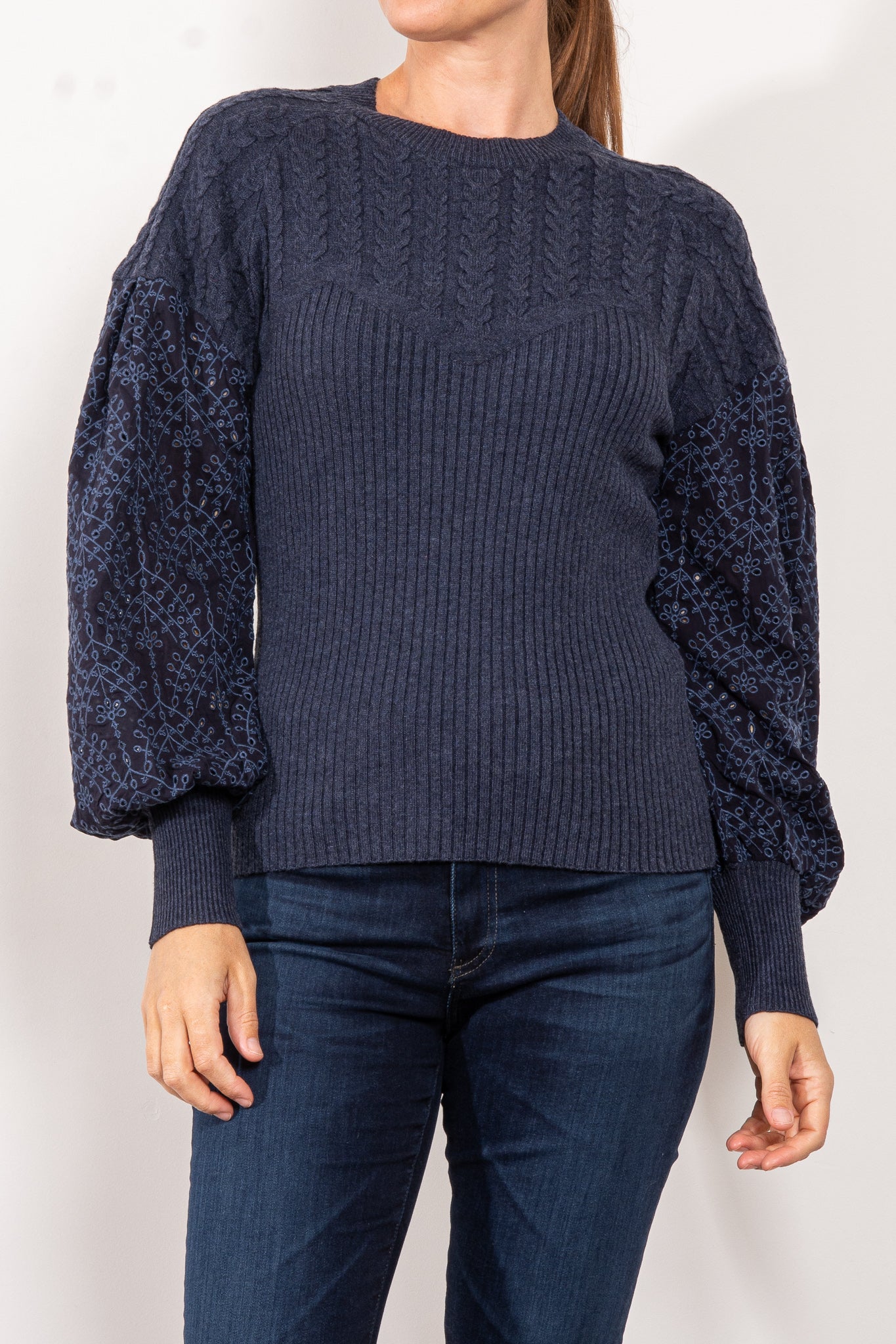 Once Was Serena Broderie Sleeve Wool Knit